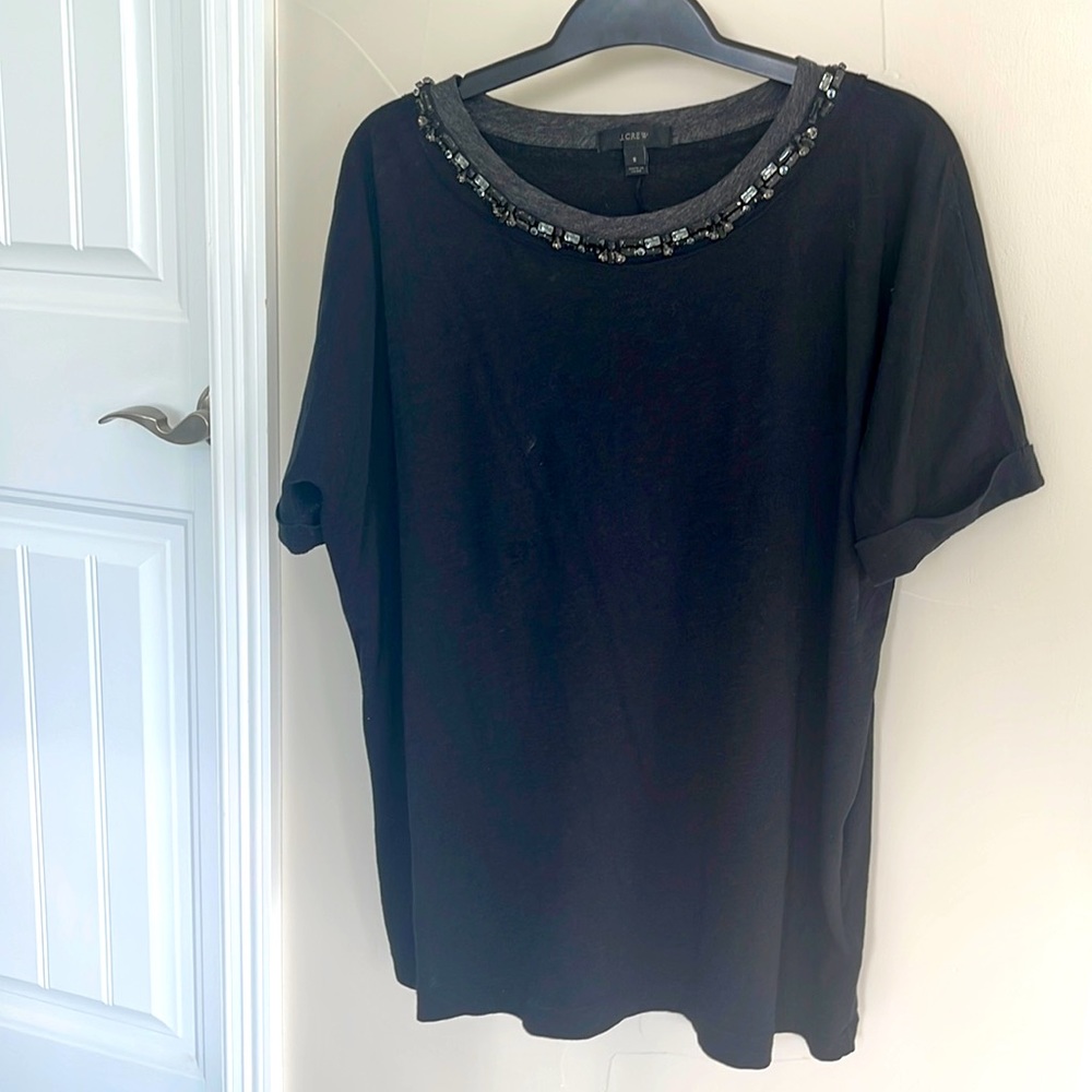 J Crew black T shirt with black and gray Rhinestones. Size S.
